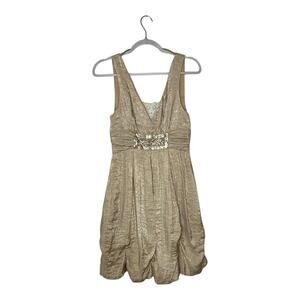 BCBG Max Azria Party Dress 6 Gold Silk Blend Metallic Sequin Waist Balloon Hem